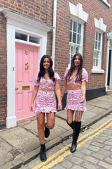 Pink Floral Print Crop Top + Frill Skirt Set - Abryana