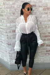 White Chiffon Balloon Sleeve Crop Tie Front Blouse - Amelia