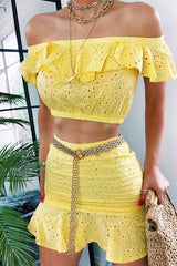Yellow Broderie Lace Bardot Crop Top Skirt Co-Ord - Dahlia