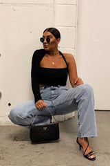 Black Ribbed One Sleeve Cut Out Crop Top - Charae