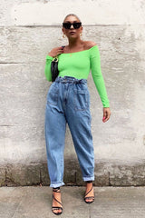 Neon Green Ribbed Square Neck Bodysuit - Alysha