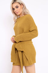 Mustard Tie Front Knitted Jumper Dress - Harley