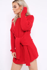 Red Tie Front Knitted Jumper Dress - Harley