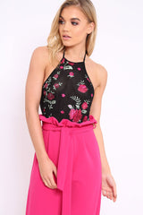 Black Mesh Embroidered Halter Neck Bodysuit - Harlo