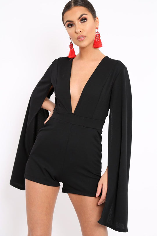Black Extreme Plunge Cape Playsuit - Haylo