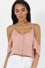 Nude Cold Shoulder Button Crop Top - Harlow