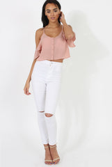 Nude Cold Shoulder Button Crop Top - Harlow