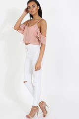 Nude Cold Shoulder Button Crop Top - Harlow