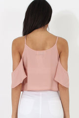 Nude Cold Shoulder Button Crop Top - Harlow