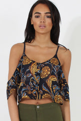 Navy Cold Shoulder Button Crop Top - Harlow