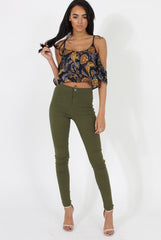 Navy Cold Shoulder Button Crop Top - Harlow