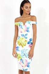 White Floral Print Off the Shoulder Midi Dress - Harmony
