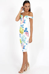 White Floral Print Off the Shoulder Midi Dress - Harmony