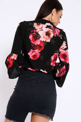 Black Floral Shirt with Bell Sleeves - Harper
