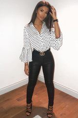 White and Black Polka Dot Shirt with Bell Sleeves - Harper