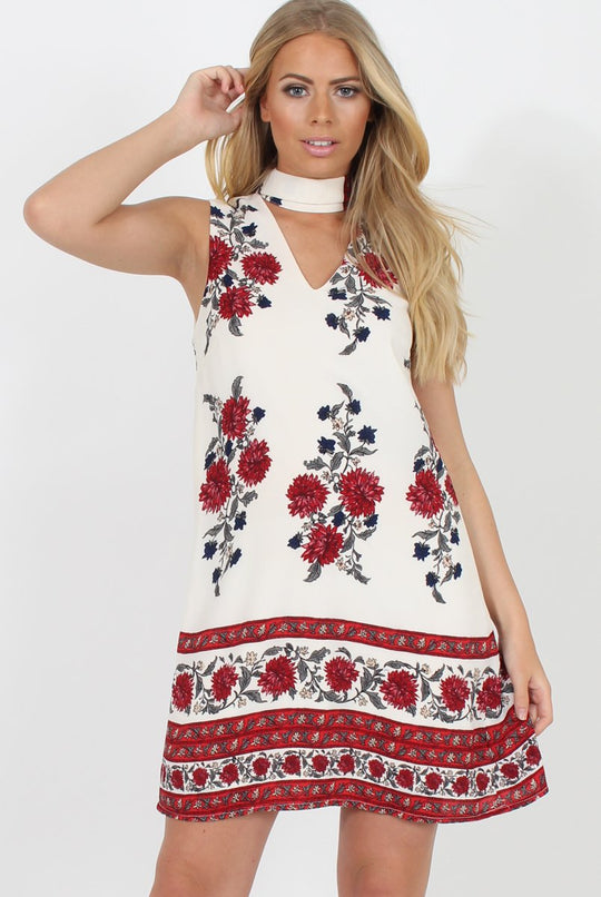 White & Red Floral Cut Out Shift Dress - Harriet