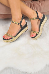 Black Crinkle PU Studded Wedge Sandals - Harriette