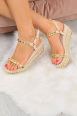 Nude PU Studded Wedge Sandals - Harriette