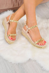 Nude PU Studded Wedge Sandals - Harriette