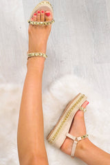 Nude PU Studded Wedge Sandals - Harriette