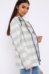 White And Grey Stripe Hooded Rain Mac - Haru