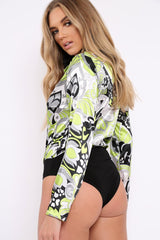 Lime Green Floral Print Plunge Satin Bodysuit - Hetty