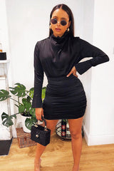 Black Satin High Neck Ruched Side Detail Dress - Rae