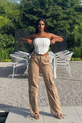 Mocha Tie Hem Denim Cargo Trousers - Hayden