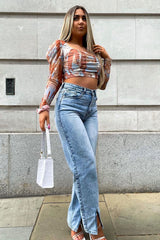 Blue Wash Split Front Straight Jeans - Lilyrose