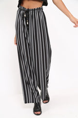Black Stripe Wide Leg Beaded Tie Trousers - Haylie