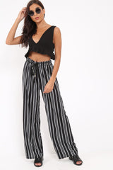 Black Stripe Wide Leg Beaded Tie Trousers - Haylie
