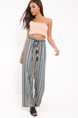 Green Stripe Wide Leg Beaded Tie Trousers - Haylie