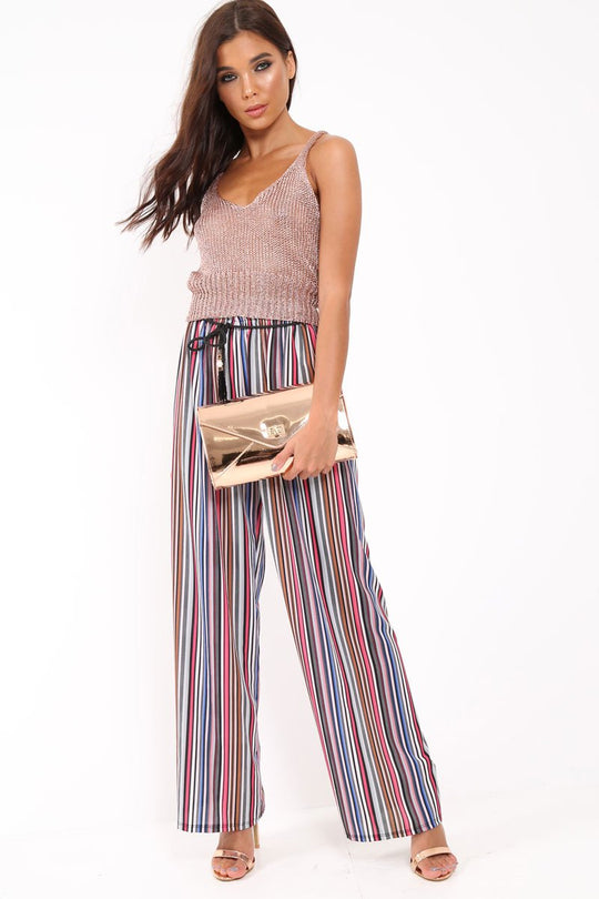Pink Stripe Wide Leg Beaded Tie Trousers - Haylie
