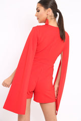 Red Extreme Plunge Cape Playsuit - Haylo