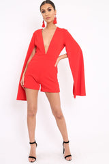 Red Extreme Plunge Cape Playsuit - Haylo