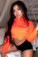 Orange Rib Roll Neck Crop Jumper - Hayvin