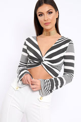 Black and White Stripe Knot Front Crop Top - Hayzl