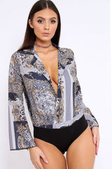 Navy V-Plunge Leopard Print Bodysuit - Hazell