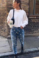 Light Wash Heart Print Boyfriend Denim Jeans - Elainna
