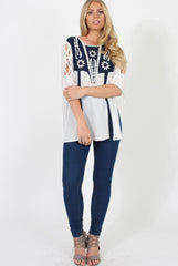 White & Blue Embroidered Top - Heather