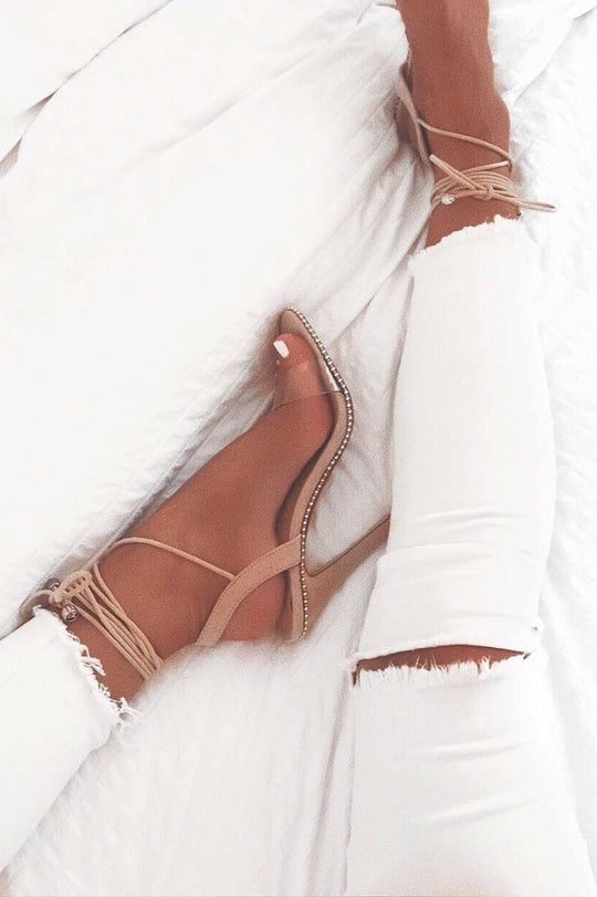 Nude Lace Up Clear Peep Toe Studded Heels - Mayana