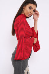 Red Stripe Flare Sleeve Crop Top - Heela