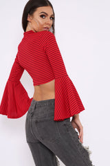 Red Stripe Flare Sleeve Crop Top - Heela