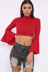 Red Stripe Flare Sleeve Crop Top - Heela