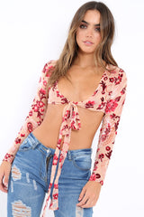 Apricot Sheer and Velvet Floral Print Tie Crop Top - Heidey