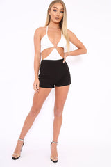 White Halterneck Ring Front Extreme Cut Out Bodysuit - Helayna