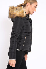 Black Padded Coat with Fur Trim Hood - Helena