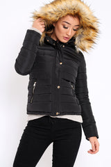 Black Padded Coat with Fur Trim Hood - Helena