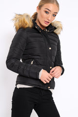 Black Padded Coat with Fur Trim Hood - Helena
