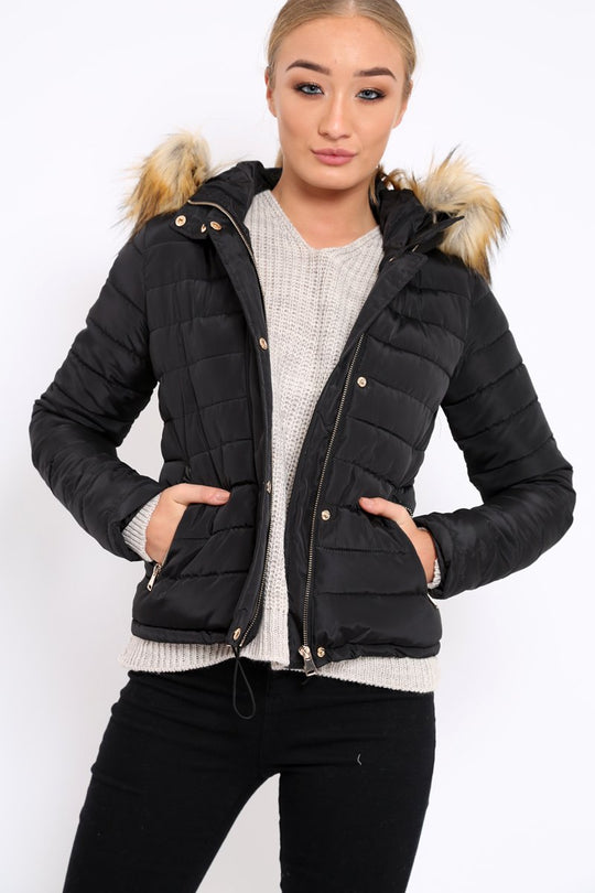 Black Padded Coat with Fur Trim Hood - Helena